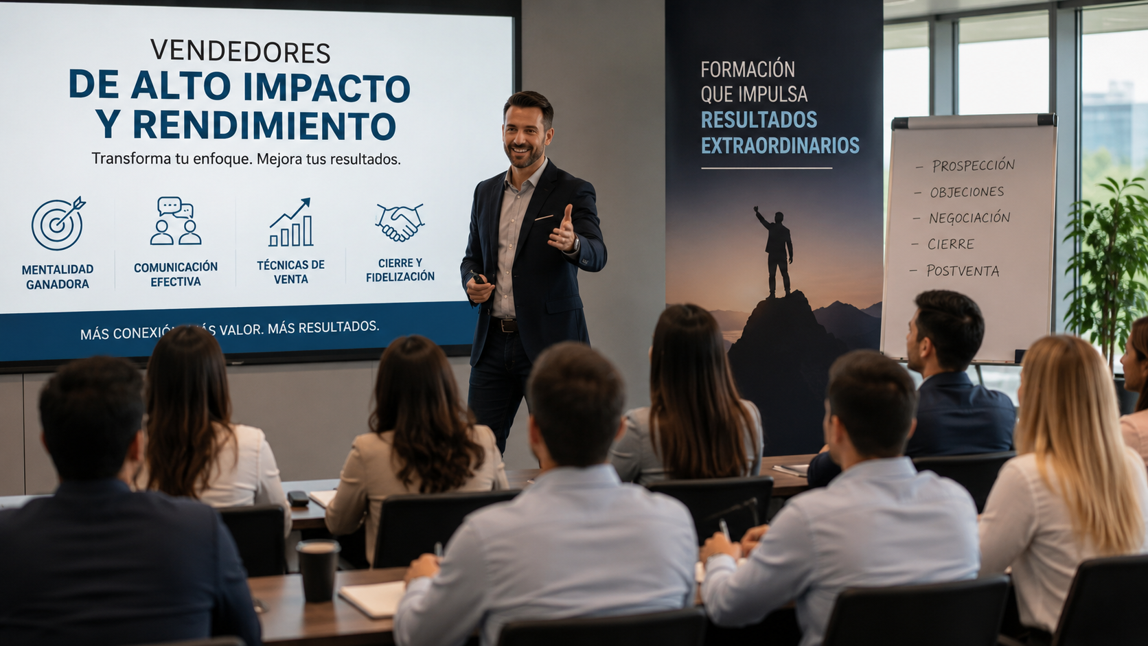 Sesión de formación comercial con un grupo reducido de profesionales