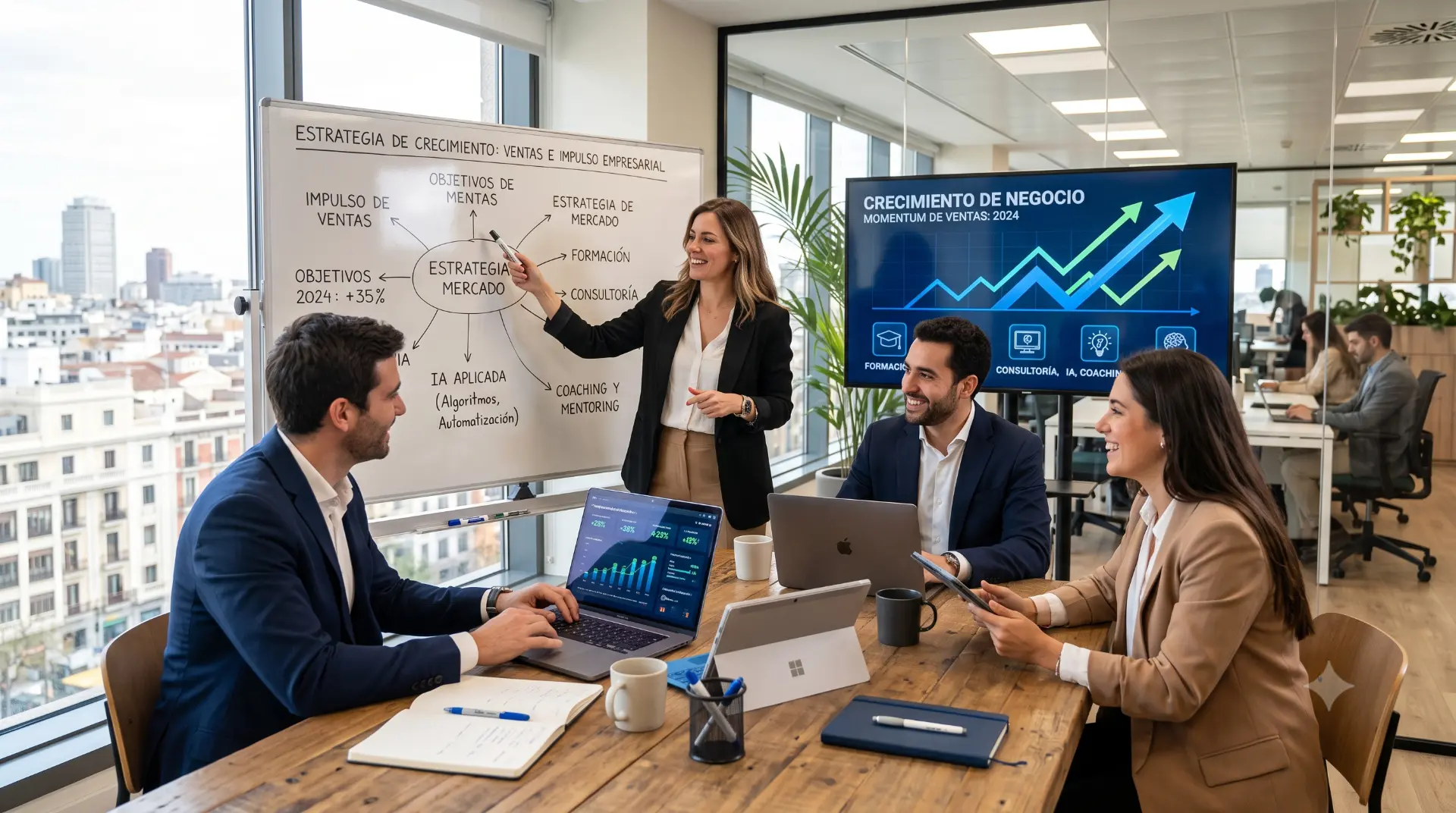 Dirección y equipo comercial en reunión de trabajo